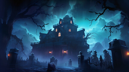 A haunted mansion with eerie lights and ghostly figure