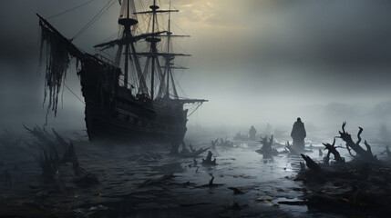 A haunted shipwreck on a misty shore with ghostly - obrazy, fototapety, plakaty