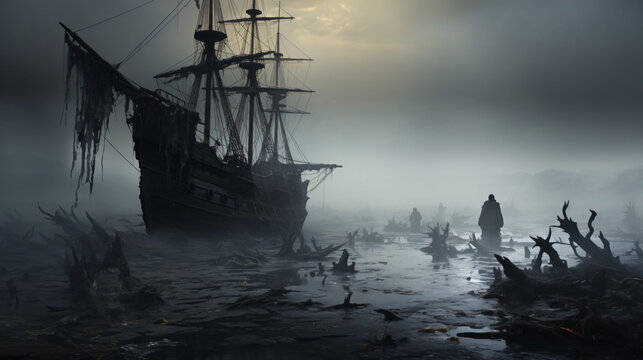 A haunted shipwreck on a misty shore with ghostly