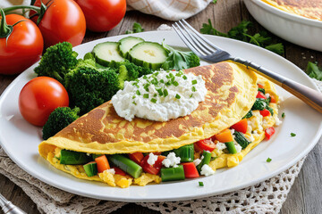 Fototapeta na wymiar a fluffy golden omelet filled with a generous portion of fresh, colorful vegetables. 