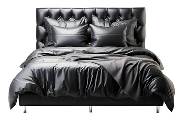 Wooden light black bed comfortable modern with pillow and blanket black on top isolated on cut out PNG or transparent background. Interior decoration for modern bedroom.