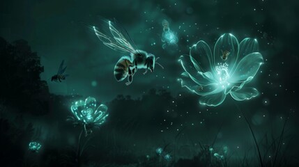 In the serene twilight, bees dance around flowers aglow with a tranquil light, creating a peaceful harmony in the dusky hours.