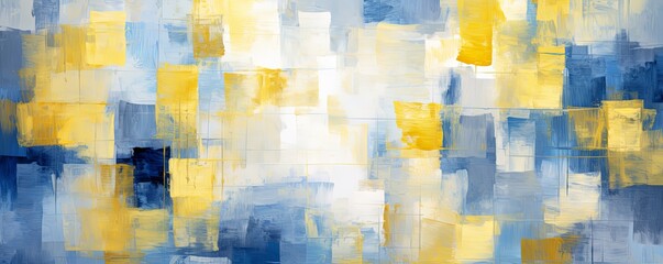 yellow and blue squares on the background, in the style of soft, blended brushstrokes