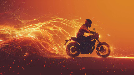 Abstract Biker Man With Golden Light Curve And Red Background