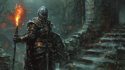 A knight in plate armor a helmet with a sword