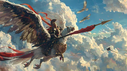 Selbstklebende Fototapeten A knight in shining iron armor flies on a huge eagle  © Little