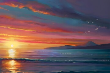 Sunset over sea art illustration, beautiful pastel colors painting generative AI