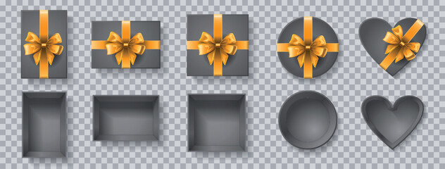 A set of vector illustrations, top view of grey gift boxes and lids with a golden bow, square, rectangular, round, in the shape of a heart. View from above. Festive gift wrapping. Isolated.  - 765511711