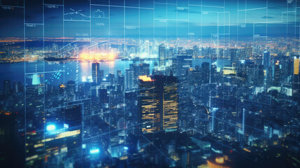 Fototapeta na wymiar Financial graphs and digital indicators overlap with Double exposure of night skyscrapers Tokyo city office buildings background. Banking, financial and trading concept.