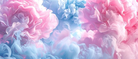  White and blue background dotted with pink and blue flowers, centerpiece is a large pink and blue bloom