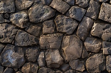 Detailed view of a wall constructed entirely of rocks, showcasing their textures, shapes, and arrangement