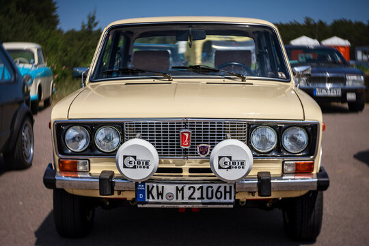 LINTHE, GERMANY - MAY 27, 2023: The small family car VAZ-2106 Zhiguli. Art lens. Swirl bokeh. Die Oldtimer Show 2023.