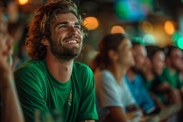 Fans wearing in green shirts with beer glassesat a bar looking happy at soccer games, Generative AI