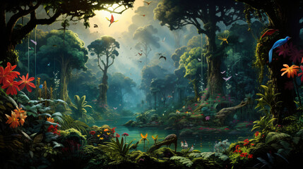 A lush rainforest canopy teeming with exotic birds
