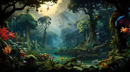 Tuinposter A lush rainforest canopy teeming with exotic birds © Little