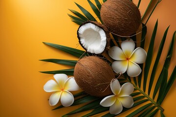 coconut coconuts and flowers on a leaf - obrazy, fototapety, plakaty