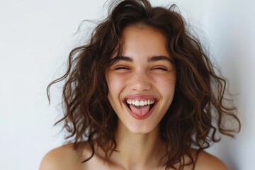 Young happy brunette woman is winking and showing tongue on a white background, Generative AI - obrazy, fototapety, plakaty