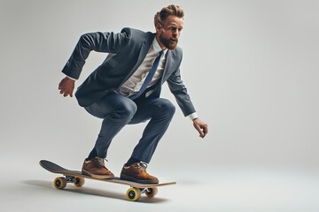 Fototapeta na wymiar Confident young businessman in business suit on longboard hurrying to his office on a white background, Generative AI