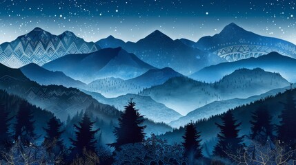 Tribal patterns adorn the peaks under a starry night sky in this ethereal mountain valley illustration. - obrazy, fototapety, plakaty