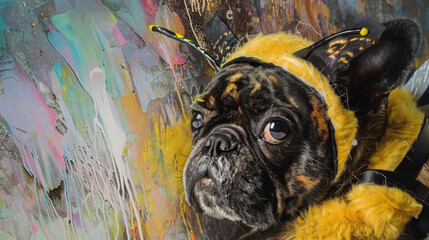 A thoughtful pug dog gazes out while dressed in a fuzzy bee costume, set against a colorful, abstract art background, in celebration of World Bee Day.