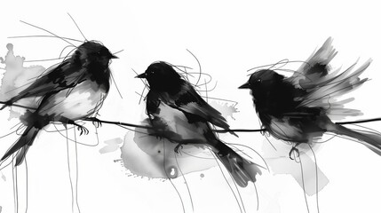 Three birds perched on a wire, illustrated in a monochromatic ink-blotted style on a white background, conveying a minimalist and tranquil scene. - obrazy, fototapety, plakaty