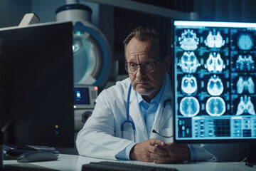 A professional radiologist is dedicated to analyzing a patient's brain MRI images in a technologically advanced laboratory