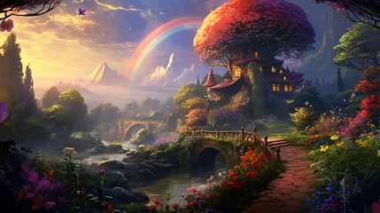 Foto op Canvas A magical garden with plants that bloom in a rainbow © Little