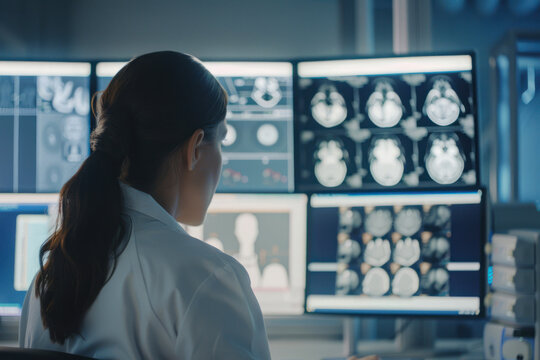 In a modern medical office, a radiologist is engrossed in the analysis of neurological MRI scan results on monitors - Powered by Adobe