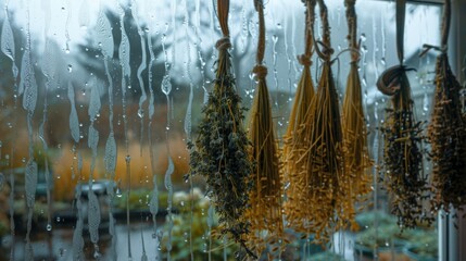 Herbs hang to dry against a windowpane, with raindrops tracing paths on the glass, evoking a feeling of coziness and natural living.