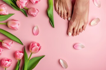 Serenity at a Spa Day: Female hands and feet with manicured nails beside white tulips and candles on pink background, depicting beauty and self-care rituals - AI generated