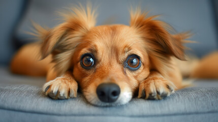 Relaxed dog resting on a couch.