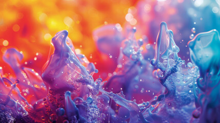 Close-up of vibrant water and oil interaction creating a colorful abstract background. - obrazy, fototapety, plakaty