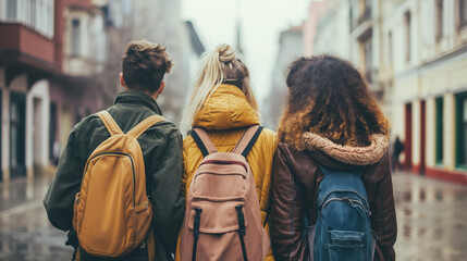 Friends with backpacks walking in town. - obrazy, fototapety, plakaty