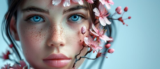 Obraz premium A high-resolution portrait of a female face, adorned with floral accessories and intricate freckle patterns
