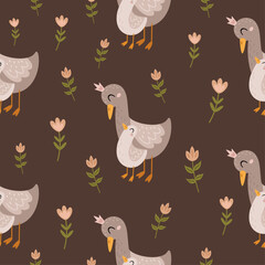 Seamless pattern with goose and flower in cartoon flat style. Happy Mothers day digital paper perfect for scrapbook paper, decor, background, fabric. Hand drawn vector pattern