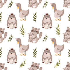 Seamless pattern with goose, raccoon, penguin, plants in cartoon flat style. Happy Mothers day digital paper perfect for scrapbook paper, decor, background, fabric. Hand drawn vector pattern