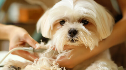 Small white dog getting groomed.