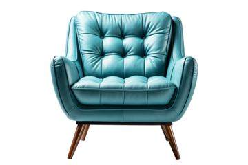 Office chair or sofa small from blue leather  isolated on cut out PNG or transparent background. Decorate place in living room or drawing room. Modern interior decoration meeting room.