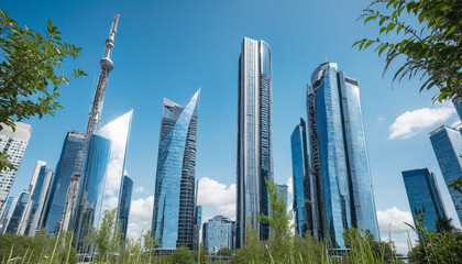 Sky line with plants in a modern city with a blue sky colourful background - obrazy, fototapety, plakaty