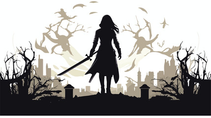 The silhouette of a girl in a hood with a long sword