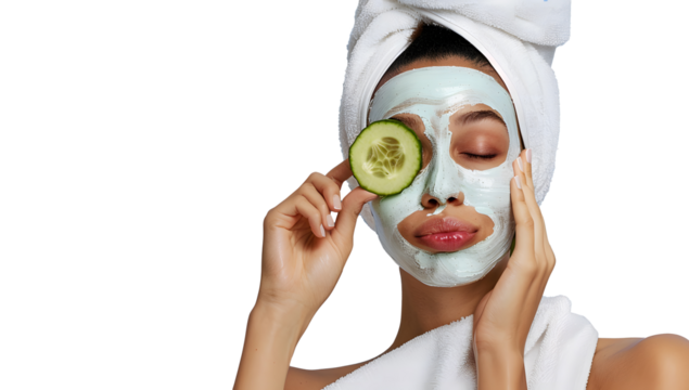 Natural Beauty: Facial Care Mask for Young Caucasian Woman, Spa Therapy and Relaxation with Green Clay and Cucumber Slice