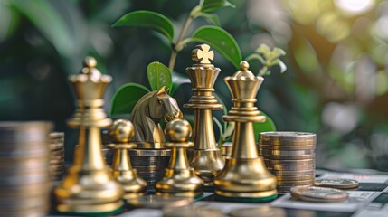 Strategic Financial Growth Concept with Chess Pieces and Increasing Coin Stacks with Fresh Green Leaves - AI generated