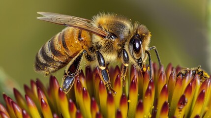 A stunning macro shot of a honeybee on a richly colored echinacea flower, with pollen visibly collected on its legs.