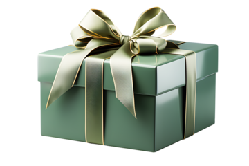 Angle green gift box with satin bow light green ribbon isolated on cut out PNG or transparent background. Festival very special time. Festive holiday Christmas, happy new years, birthday.