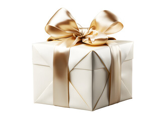 Obraz premium Angle white gift box with satin bow light yellow ribbon isolated on cut out PNG or transparent background. Festival very special time. Festive holiday Christmas, happy new years, birthday.