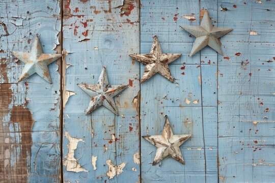 Stars on distressed old vintage blue background wall with cracks and peeling paint on barn wood grunge texture.