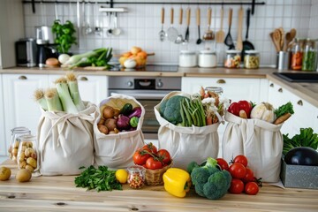 bags of food and vegetables on a wooden table in a kitchen setting