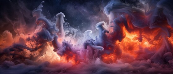 Fototapeta premium Group of white and red smoke on dark background with blue sky and white clouds in front