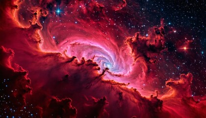 Majestic Cosmic Nebula with Vibrant Red Hues and Starry Backdrop