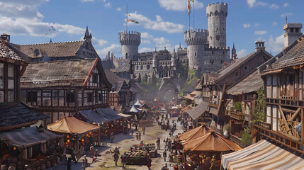 A medieval town with a bustling marketplace and a towe - obrazy, fototapety, plakaty